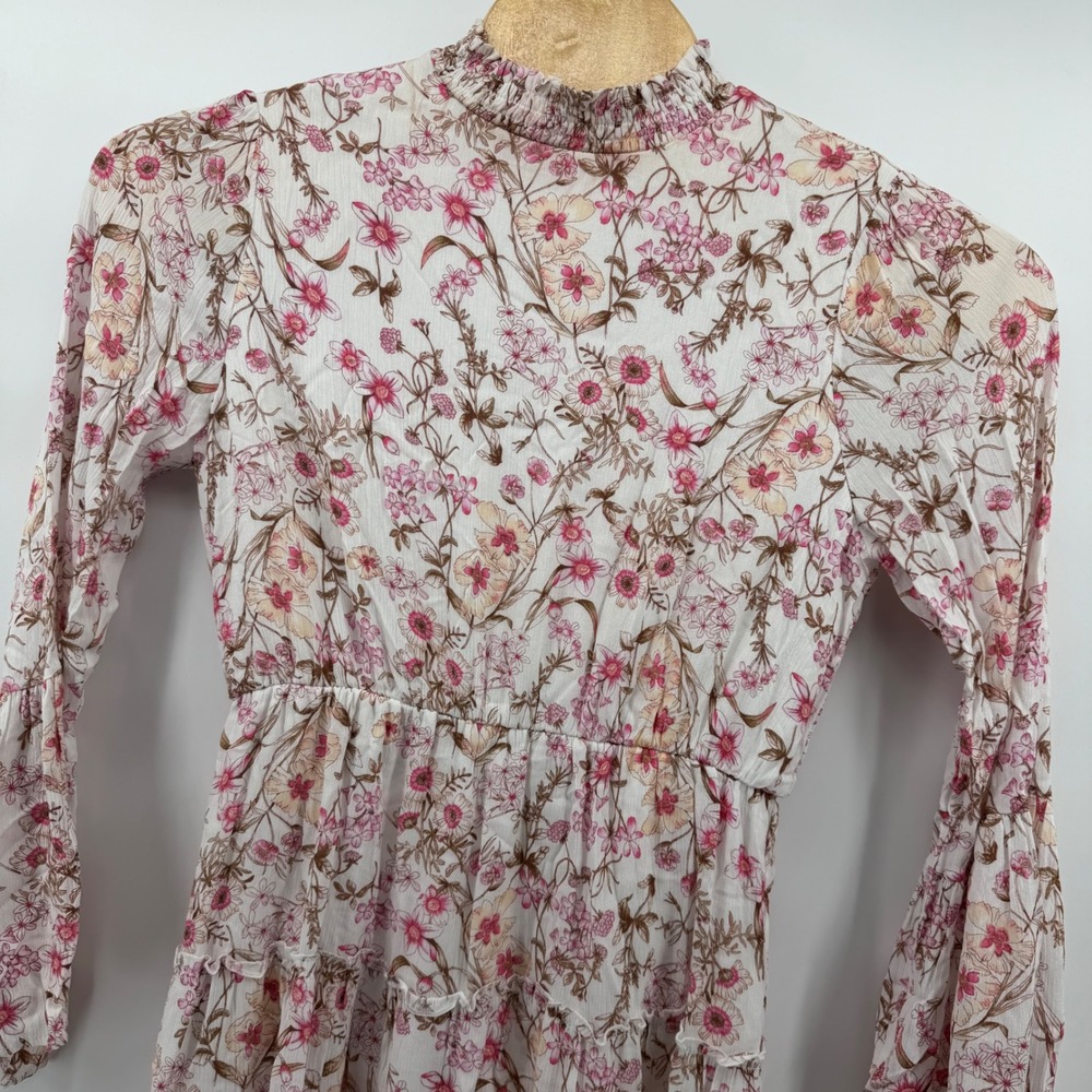 Altar'd State White Pink Floral Print Long Sleeve Tiered‎ Mini Dress Size Large
